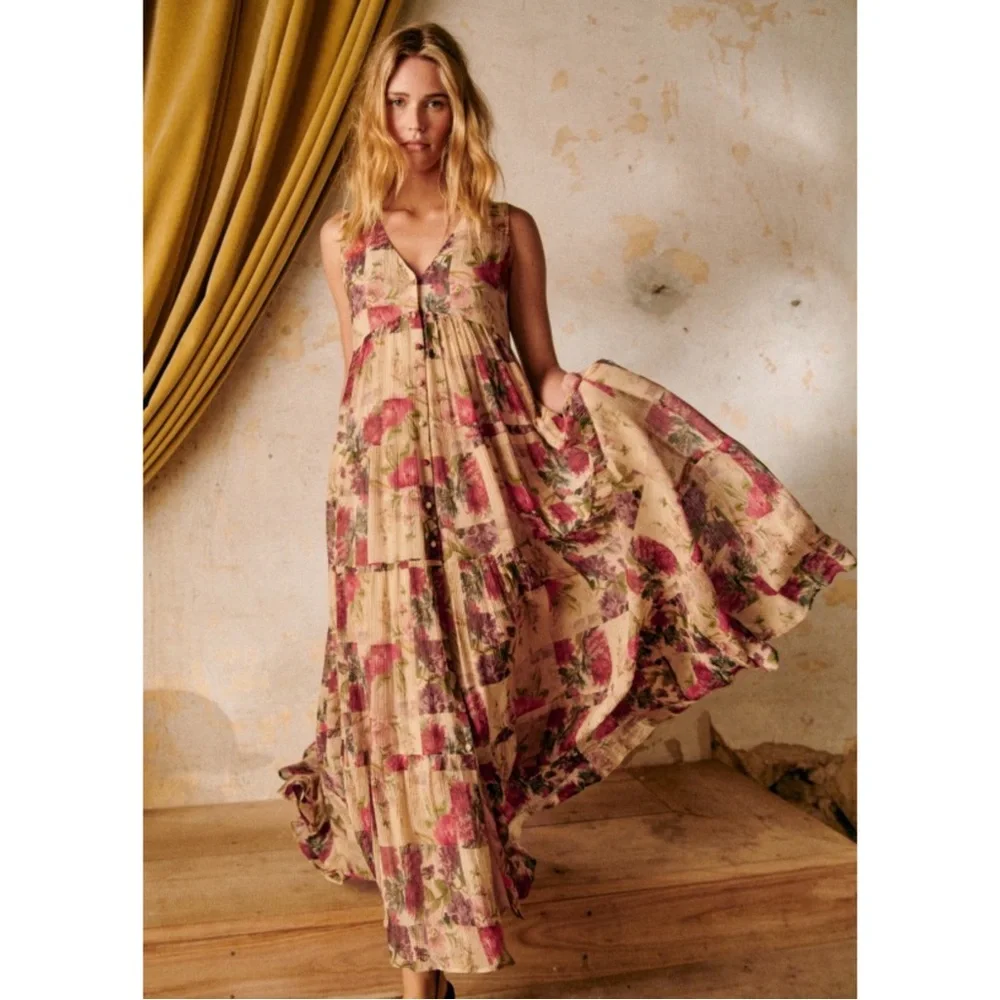 SEZANE Cream Red Rose Floral Patchwork Sleeveless Flowy Silk Alameda Maxi Dress - Picture 7 of 14